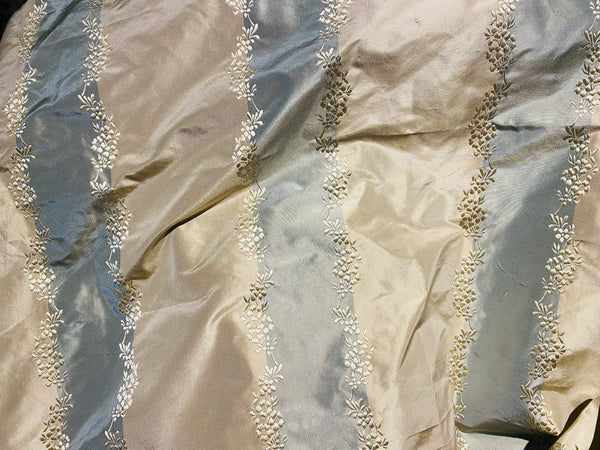 NEW Lady Kristen Designer 100% Silk Taffeta Embroidered Stripe Floral Fabric- Blue & Cream - Fancy Styles Fabric Pierre Frey Lee Jofa Brunschwig & Fils