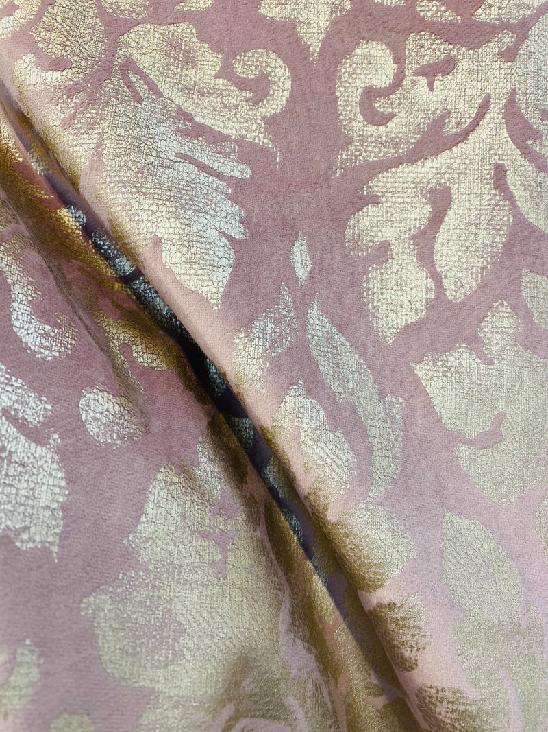 NEW! Lady Calentine Designer Burnout Antique Inspired Velvet Fabric Pink And Gold