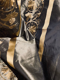 Duchess Jezebel 100% Silk Taffeta Embroidery Fabric - Dark Grey & Gold - Fancy Styles Fabric Pierre Frey Lee Jofa Brunschwig & Fils