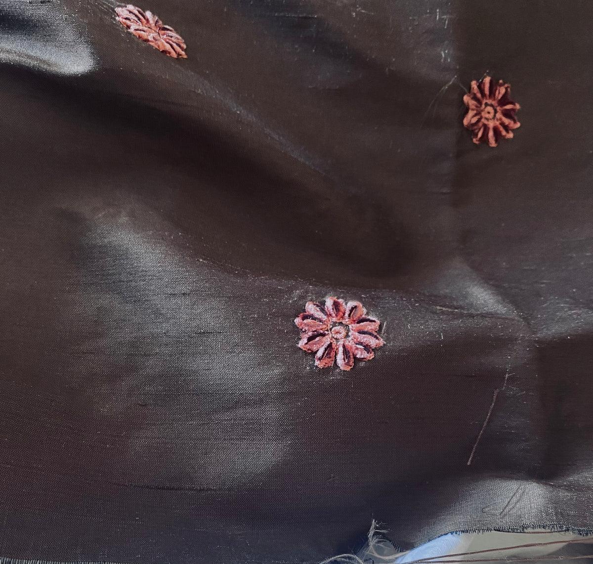 NEW! Lady Margaret- 100% Silk Dupioni with Coral Velvet Flowers Fabric - Chocolate Brown SB_3_17 - Fancy Styles Fabric Pierre Frey Lee Jofa Brunschwig & Fils
