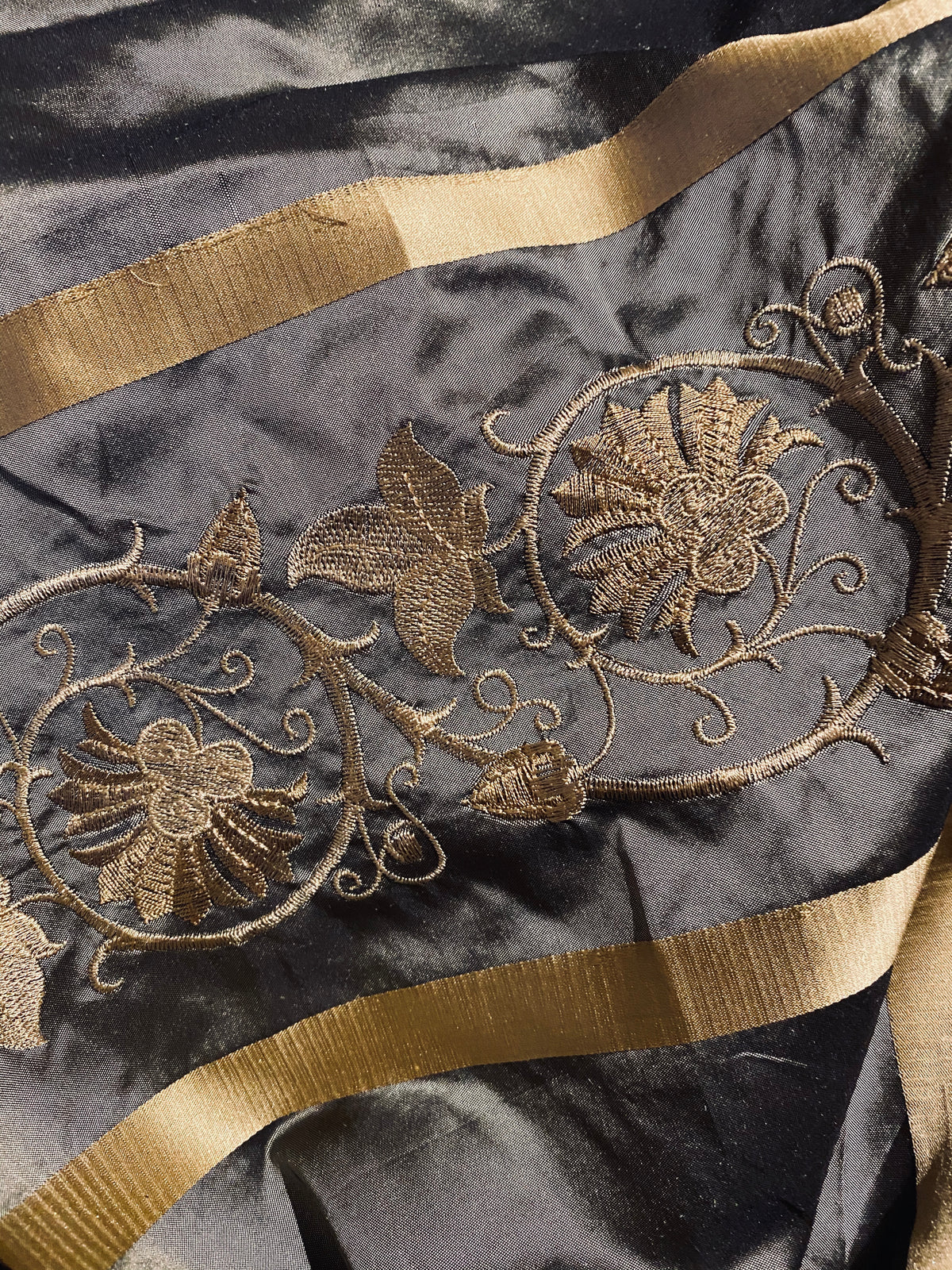 Duchess Jezebel 100% Silk Taffeta Embroidery Fabric - Dark Grey & Gold - Fancy Styles Fabric Pierre Frey Lee Jofa Brunschwig & Fils