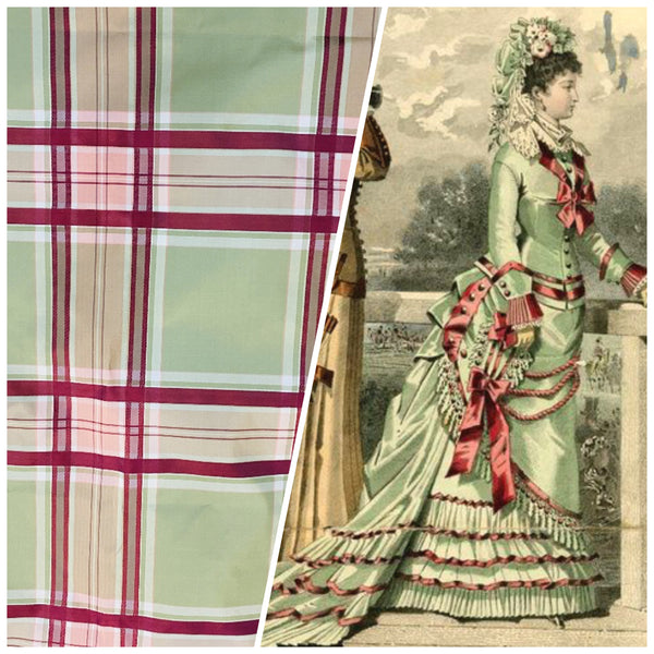 NEW! Duchess Darby 100% Silk Taffeta Plaid Tartan Ribbon Fabric Burgundy, Pink and Green - Fancy Styles Fabric Pierre Frey Lee Jofa Brunschwig & Fils
