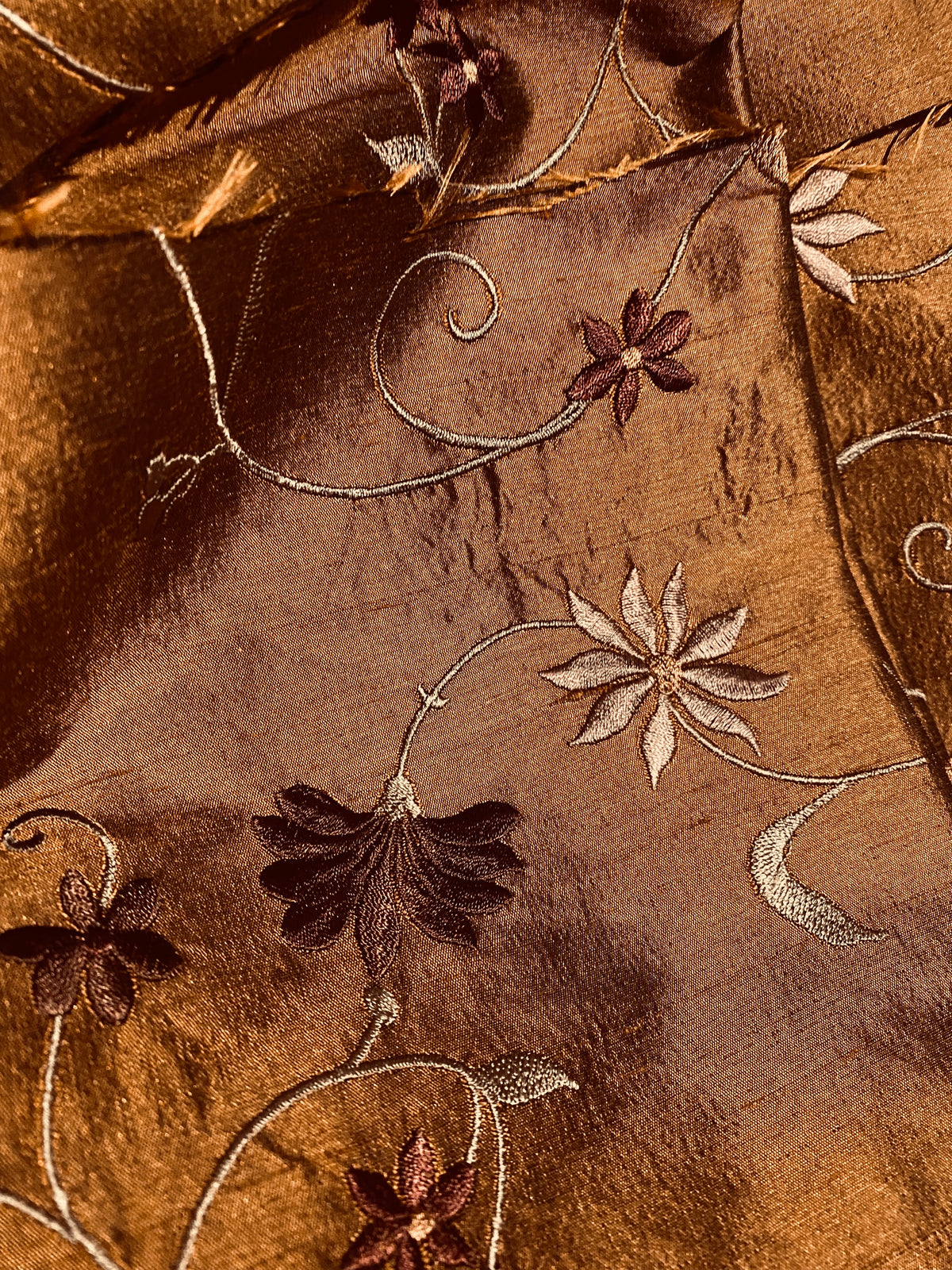 Queen Charlotte 100% Silk Dupioni in Copper with Black Irridescence with Embroidered Floral Motif Fabric - Fancy Styles Fabric Pierre Frey Lee Jofa Brunschwig & Fils