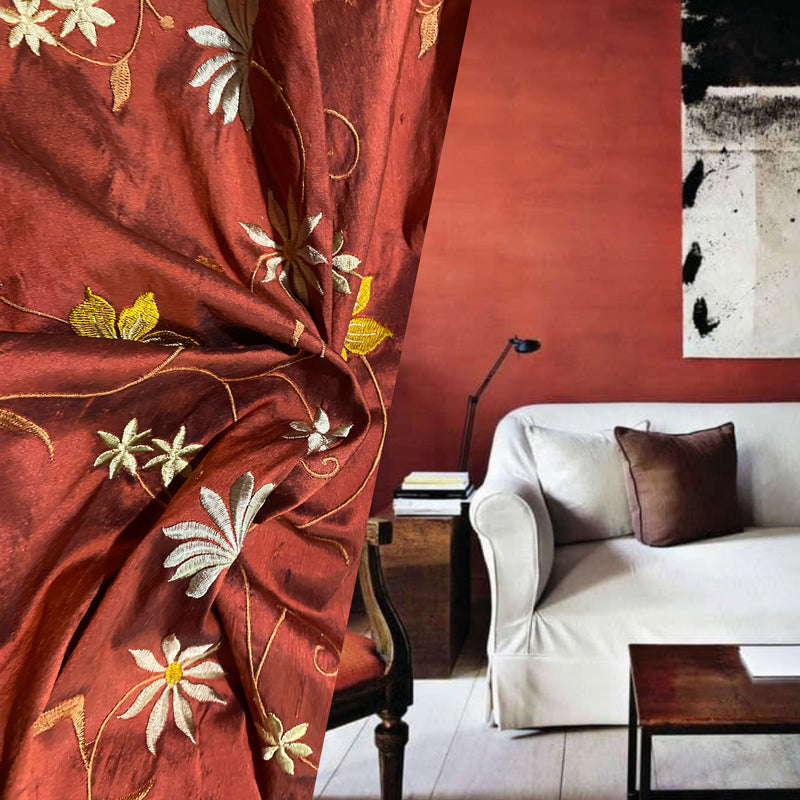 NEW! Duchess Janna Designer 100% Silk Dupioni Embroidered Fabric - Rust Red Floral - Fancy Styles Fabric Pierre Frey Lee Jofa Brunschwig & Fils
