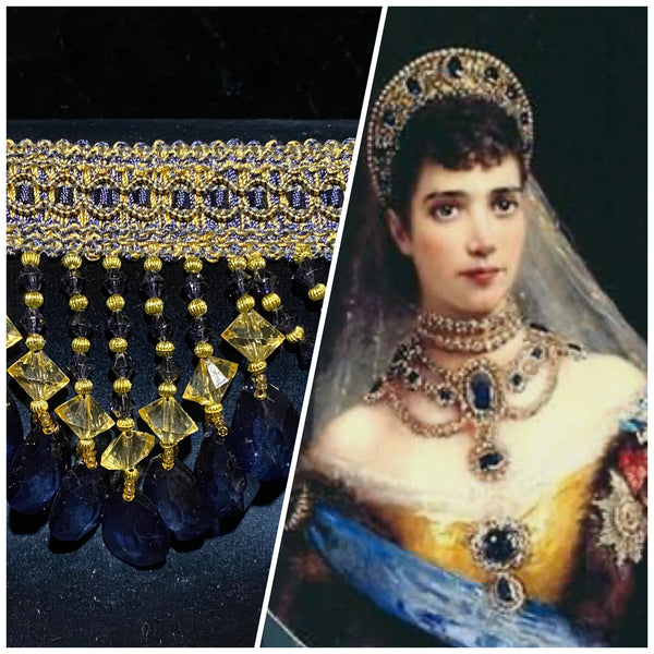 NEW! Queen Cassandra Blue & Gold Beaded Trim - Fancy Styles Fabric Pierre Frey Lee Jofa Brunschwig & Fils
