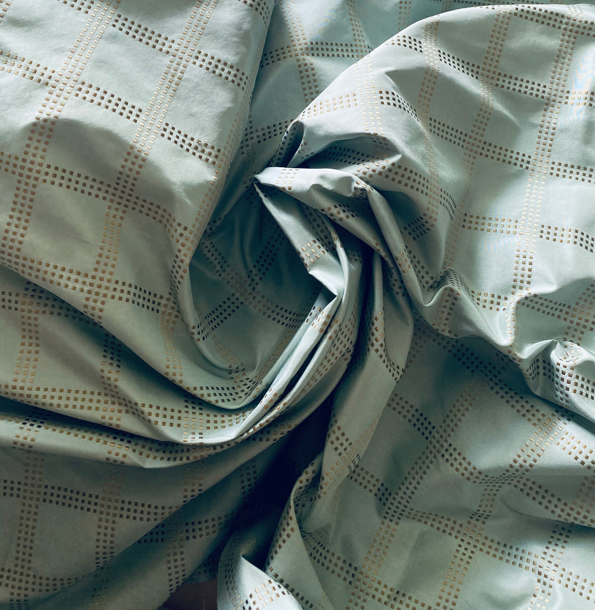 NEW! Lady Amaldie 100% Silk Taffeta Plaid Gold Dot Fabric -Duck Egg Blue- SB_8_24 - Fancy Styles Fabric Pierre Frey Lee Jofa Brunschwig & Fils