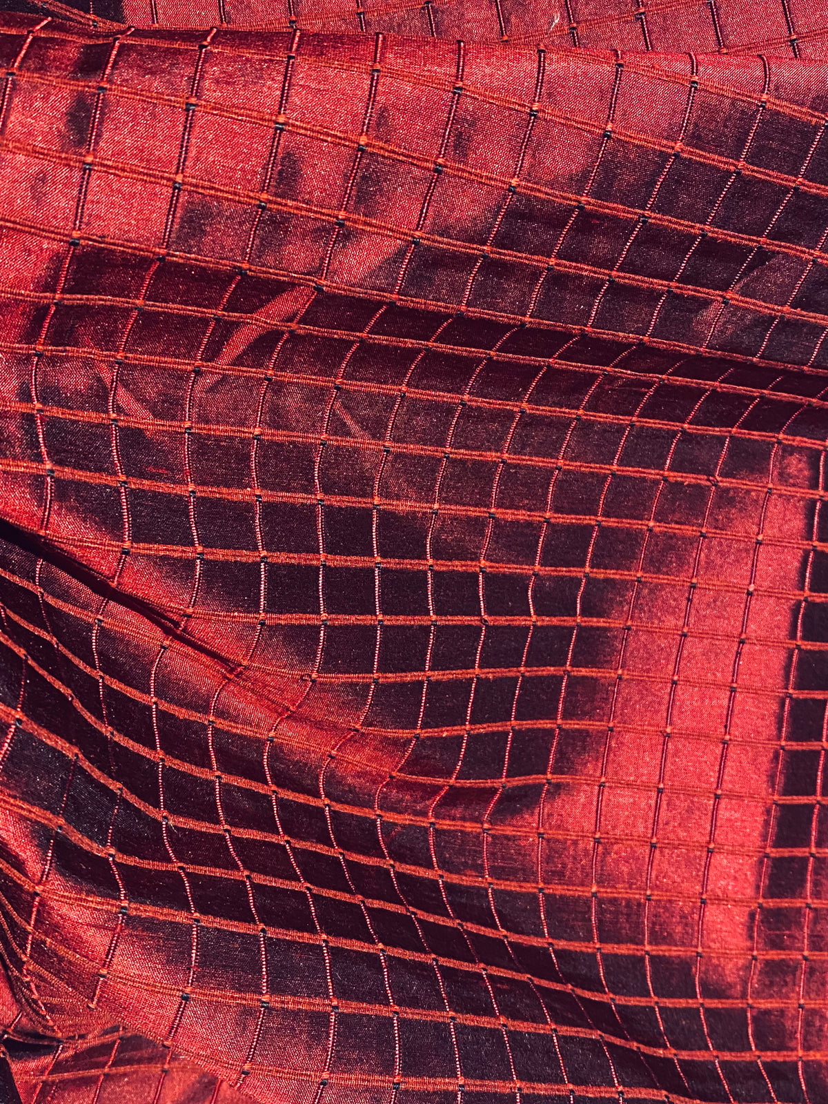 NEW Duchess Jenna 100% Silk Taffeta Fabric- Ruby Red with Embroidered Squares- SB_6_13 - Fancy Styles Fabric Pierre Frey Lee Jofa Brunschwig & Fils