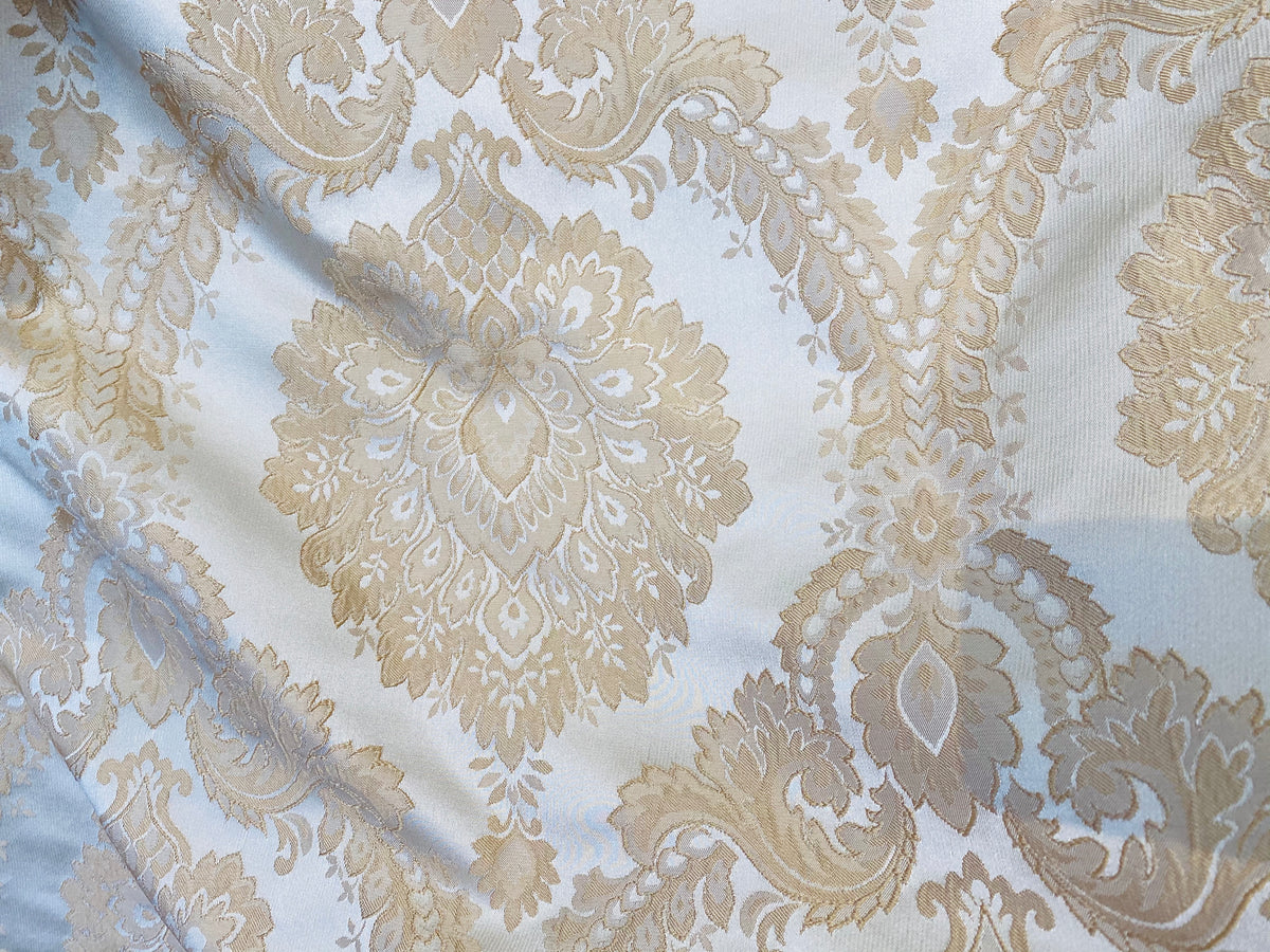 NEW! Prince Prescott Brocade Medallion Satin Fabric- Peach Gold and White - Fancy Styles Fabric Pierre Frey Lee Jofa Brunschwig & Fils