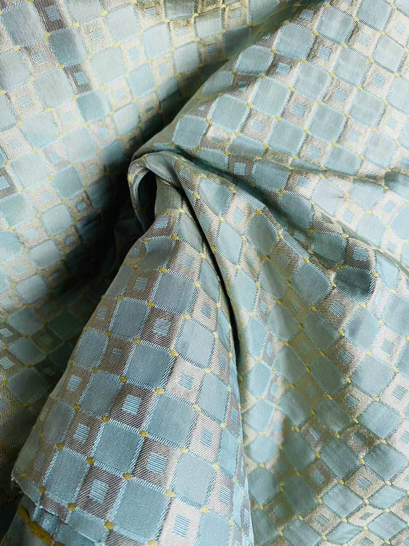 NEW Queen Angelina- 100% Silk Fabric with Duck Egg Blue and Gold Honeycomb Motif- SB_7_6