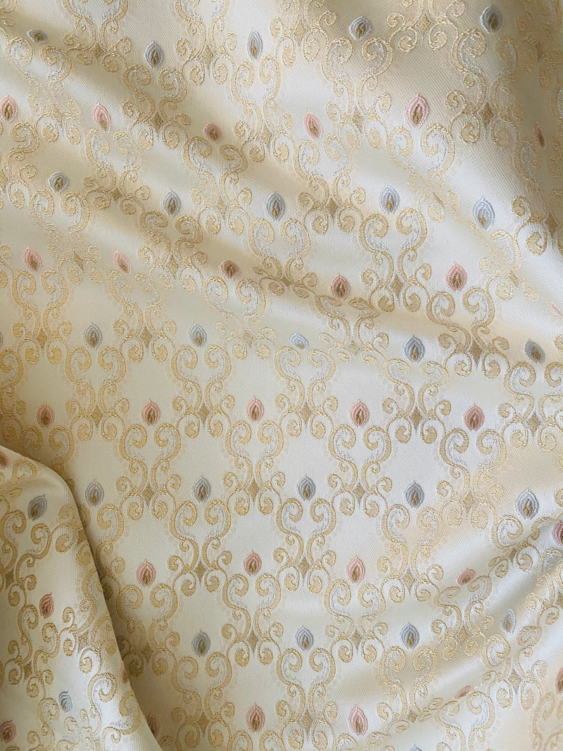 NEW Queen Chantal Novelty Ritz Neoclassical Brocade Dot Satin Fabric - Louis Cream White