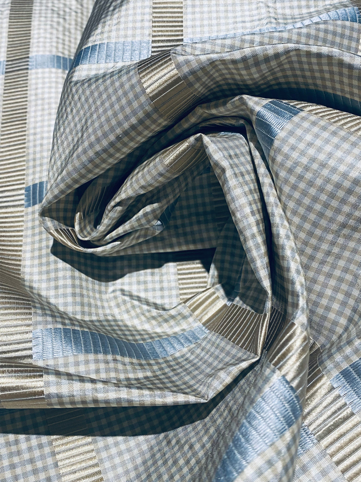 NEW Miss Jaqueline Designer 100% Silk Taffeta Gingham Ribbon Square Stripes Fabric - Blue and Gold SB_6_28 - Fancy Styles Fabric Pierre Frey Lee Jofa Brunschwig & Fils