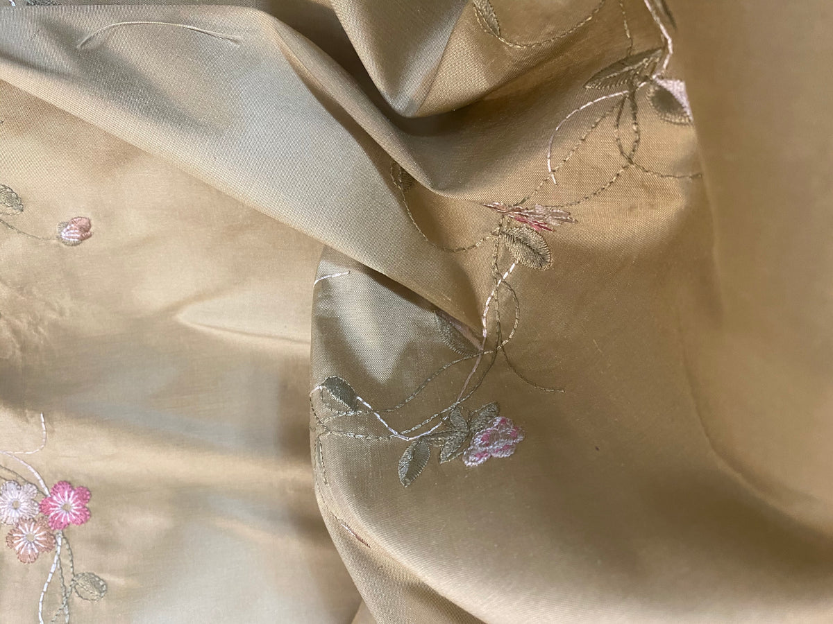 NEW! Duchess Rowena 100% Silk Dupioni Embroidery Floral Fabric- Light Gold SB_3_8 - Fancy Styles Fabric Pierre Frey Lee Jofa Brunschwig & Fils