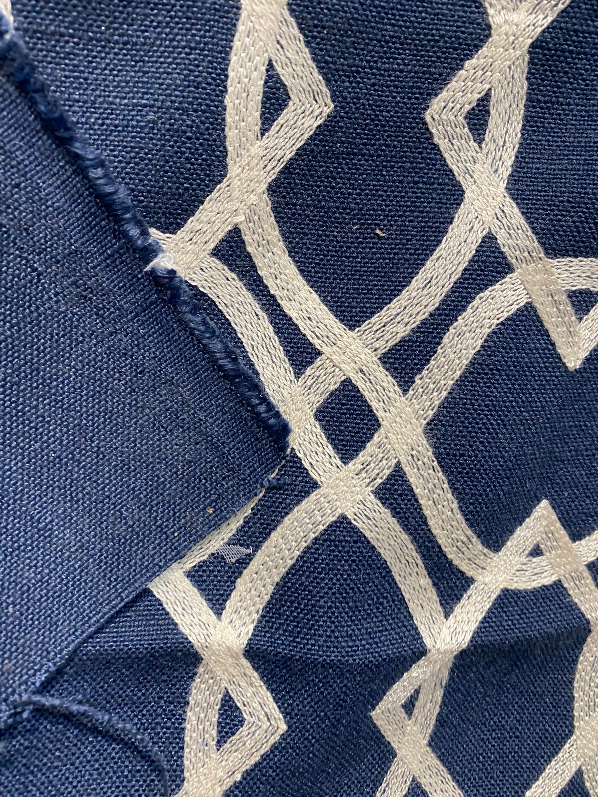 NEW! SALE! Prince Gregorian Novelty 100% Linen Fabric Geometric Embroidery- Natural and Blue - Fancy Styles Fabric Pierre Frey Lee Jofa Brunschwig & Fils