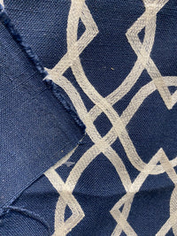 NEW! SALE! Prince Gregorian Novelty 100% Linen Fabric Geometric Embroidery- Natural and Blue - Fancy Styles Fabric Pierre Frey Lee Jofa Brunschwig & Fils