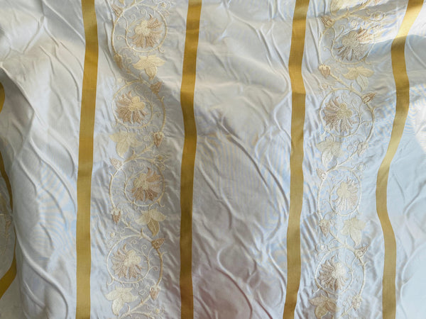 NEW Duchess Jezebel 100% Silk Taffeta Embroidered Scroll Stripe Floral Motif Cream White and Gold - Fancy Styles Fabric Pierre Frey Lee Jofa Brunschwig & Fils