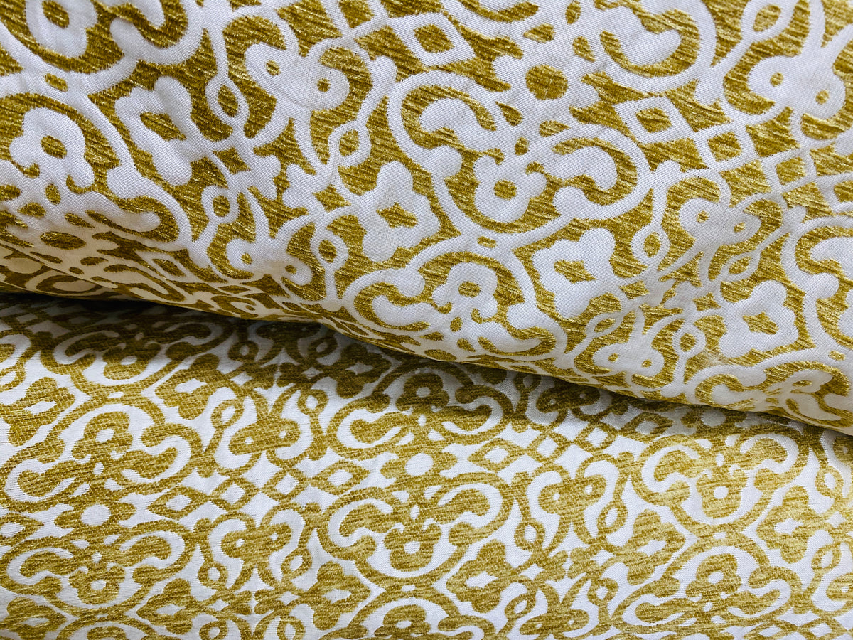 NEW! Duchess Eve Antique Inspired French Burnout Chenille Damask Velvet Fabric- Mustard Yellow - Fancy Styles Fabric Pierre Frey Lee Jofa Brunschwig & Fils