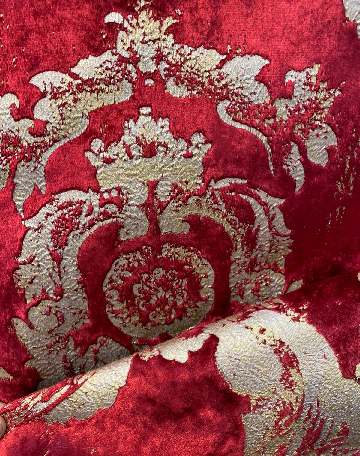 NEW! Queen Renee Designer Burnout Antique Inspired Velvet Fabric Red & Gold - Fancy Styles Fabric Pierre Frey Lee Jofa Brunschwig & Fils