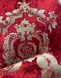 NEW! Queen Renee Designer Burnout Antique Inspired Velvet Fabric Red & Gold - Fancy Styles Fabric Pierre Frey Lee Jofa Brunschwig & Fils