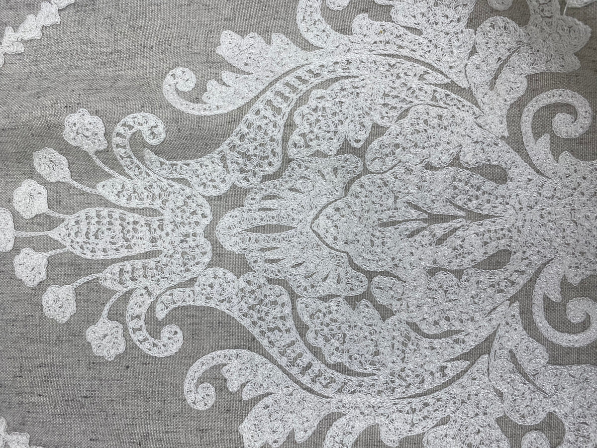NEW! Lady Lila Novelty Crewel Embroidered Fabric Light Grey and White - Fancy Styles Fabric Pierre Frey Lee Jofa Brunschwig & Fils