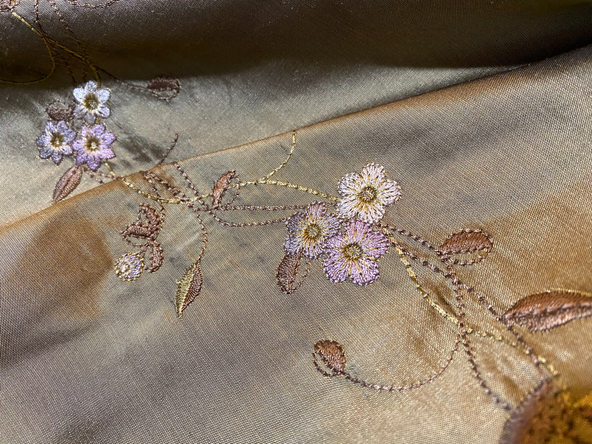 NEW! Duchess Rowena 100% Silk Dupioni Embroidery Floral Fabric- Old Gold - Fancy Styles Fabric Pierre Frey Lee Jofa Brunschwig & Fils