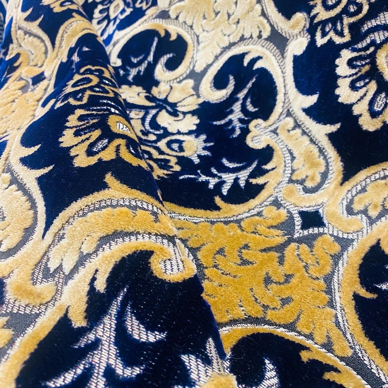 NEW Sir Scott Designer Italian Burnout Medallion Chenille Velvet Fabric Jewel Blue and Beige Yellow- Upholstery