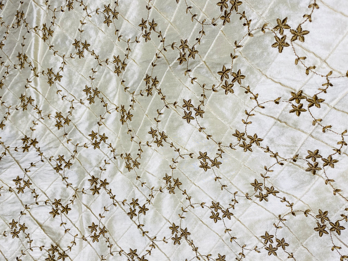 Queen Elisabeth 100% Silk Dupioni Embroidered Quilted Floral Fabric- Ivory - Fancy Styles Fabric Pierre Frey Lee Jofa Brunschwig & Fils