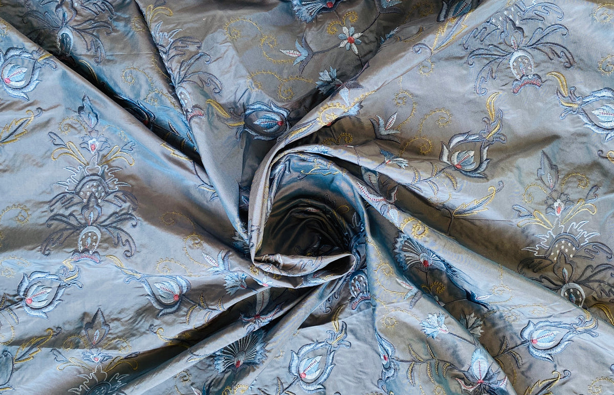 NEW! Duchess Drew Novelty 100% Silk Taffeta Embroidered Fabric - Made in India- Blue Grey - Fancy Styles Fabric Pierre Frey Lee Jofa Brunschwig & Fils