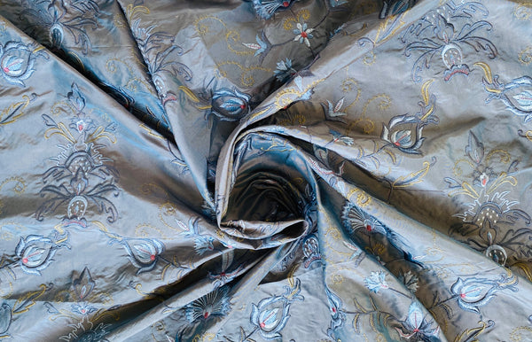 NEW! Duchess Drew Novelty 100% Silk Taffeta Embroidered Fabric - Made in India- Blue Grey - Fancy Styles Fabric Pierre Frey Lee Jofa Brunschwig & Fils
