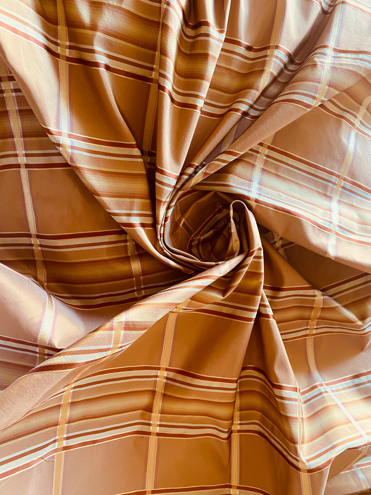 NEW Lady Deborah 100% Silk Taffeta Plaid Tartan Ribbon Fabric- Peach SB_1_18 - Fancy Styles Fabric Pierre Frey Lee Jofa Brunschwig & Fils