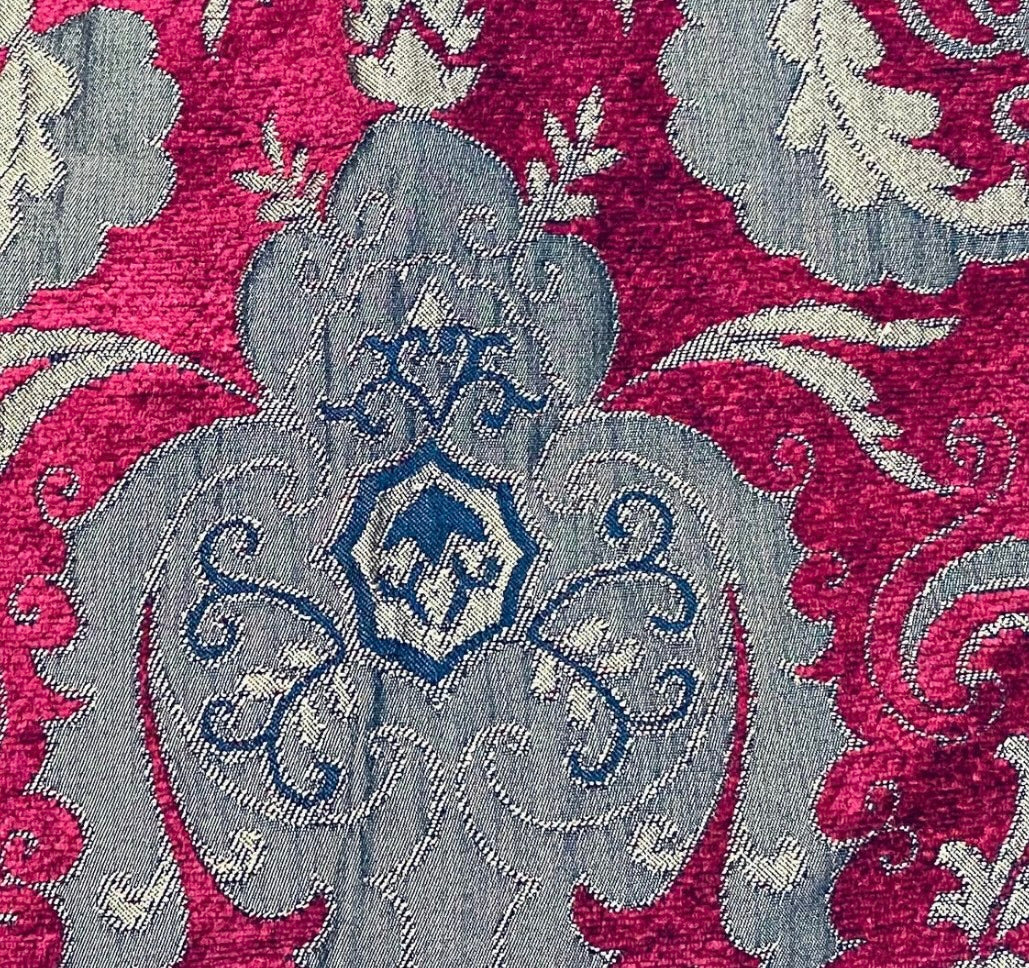 Lady Emile Designer Medallion Burnout Chenille Velvet Fabric - Red & Gold BTY - Fancy Styles Fabric Pierre Frey Lee Jofa Brunschwig & Fils