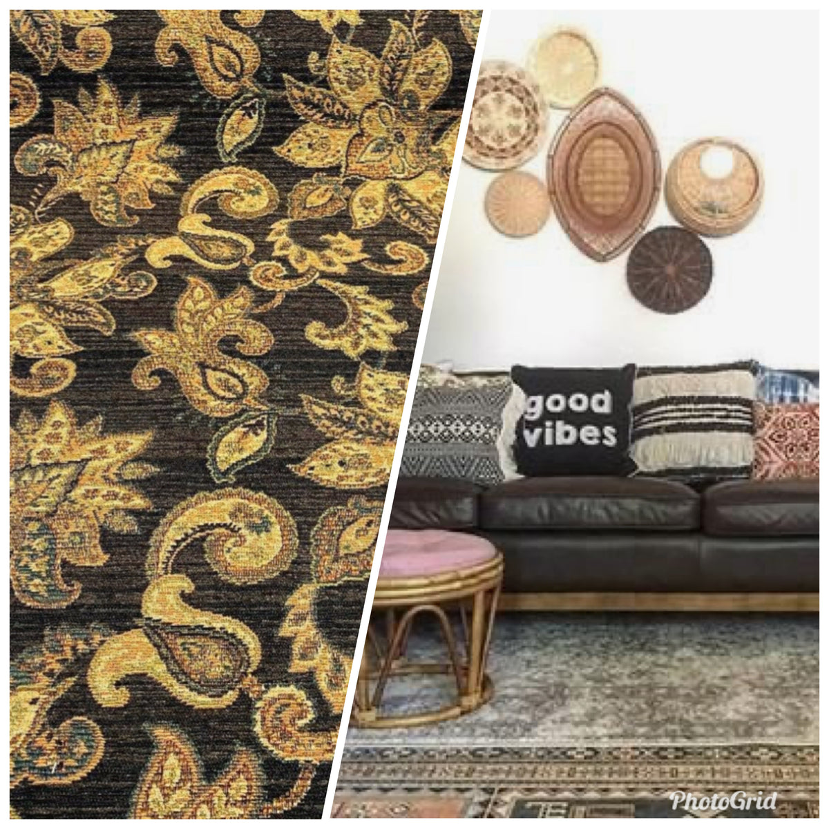 Designer Kilim Rug Inspired Floral Upholstery Chenille Fabric- Black - Fancy Styles Fabric Pierre Frey Lee Jofa Brunschwig & Fils