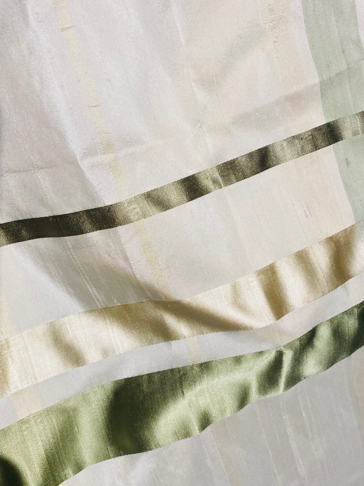 NEW Duchess Philippa 100% Silk Taffeta Plaid Tartan with Satin Ribbon Stripes in Cream and Pistachio SB_6_18 - Fancy Styles Fabric Pierre Frey Lee Jofa Brunschwig & Fils