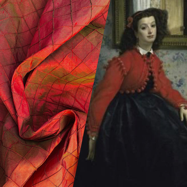 NEW Lady Morgan 100% Silk Dupioni with Pintuck Diamond Motif Fabric in Red with Green Iridescence SB_5_23 - Fancy Styles Fabric Pierre Frey Lee Jofa Brunschwig & Fils