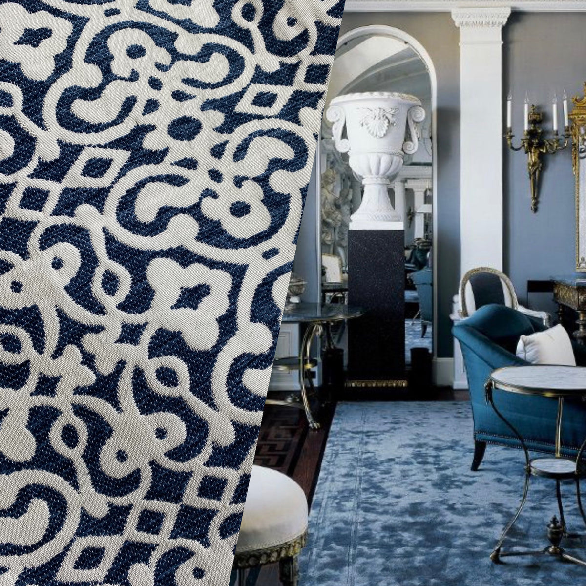NEW! Duchess Eve Antique Inspired French Burnout Chenille Medallion Velvet Fabric- Blue - Fancy Styles Fabric Pierre Frey Lee Jofa Brunschwig & Fils
