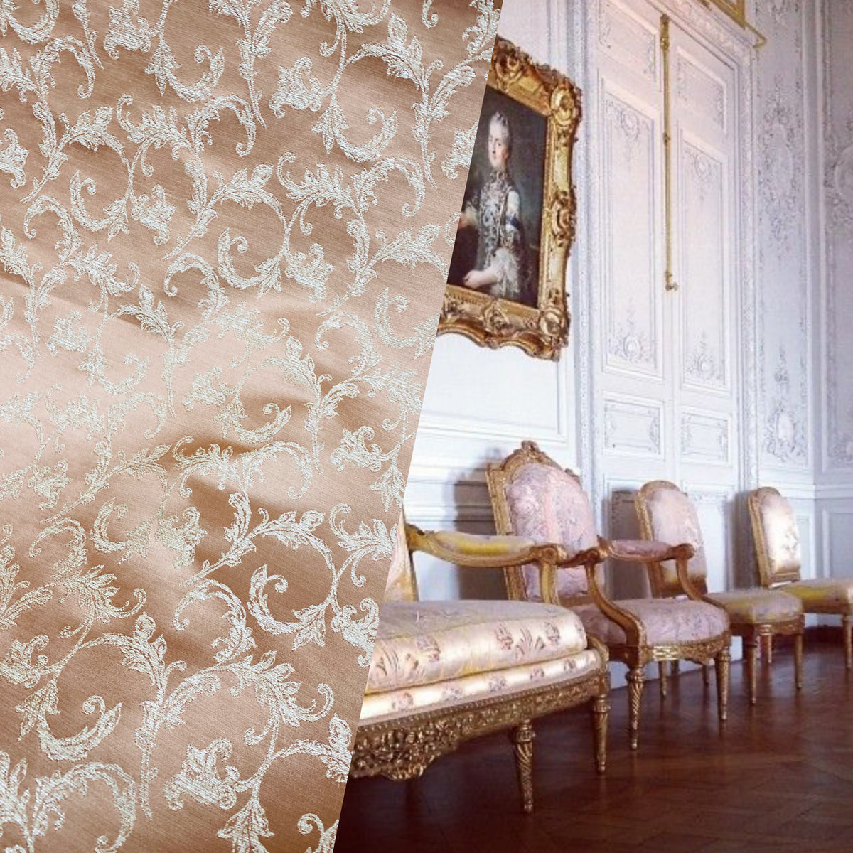 NEW! Princess Panther Brocade Leaf Swirly Motif Satin Fabric- Salmon Pink - Fancy Styles Fabric Pierre Frey Lee Jofa Brunschwig & Fils