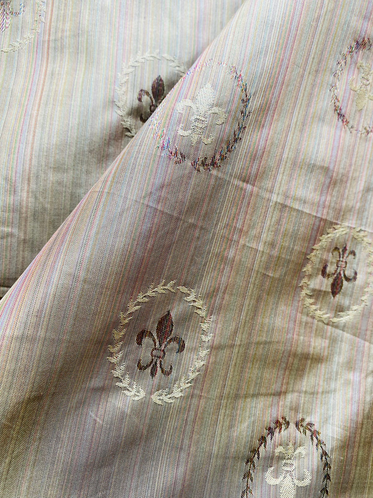 NEW Lady Brenda Novelty Medallion Embroidered 100% Silk Fabric in Multicolor Pinstripes - Fancy Styles Fabric Pierre Frey Lee Jofa Brunschwig & Fils