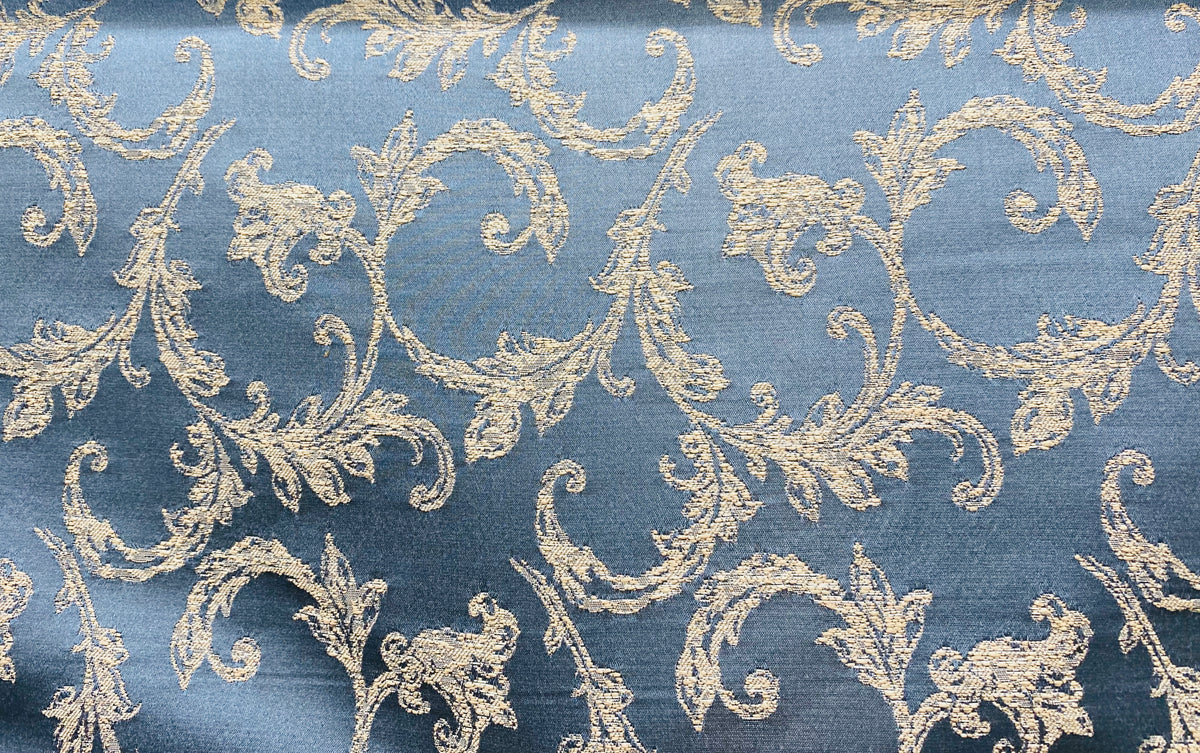 NEW! Princess Panther Brocade Leaf Swirly Motif Satin Fabric- Blue - Fancy Styles Fabric Pierre Frey Lee Jofa Brunschwig & Fils
