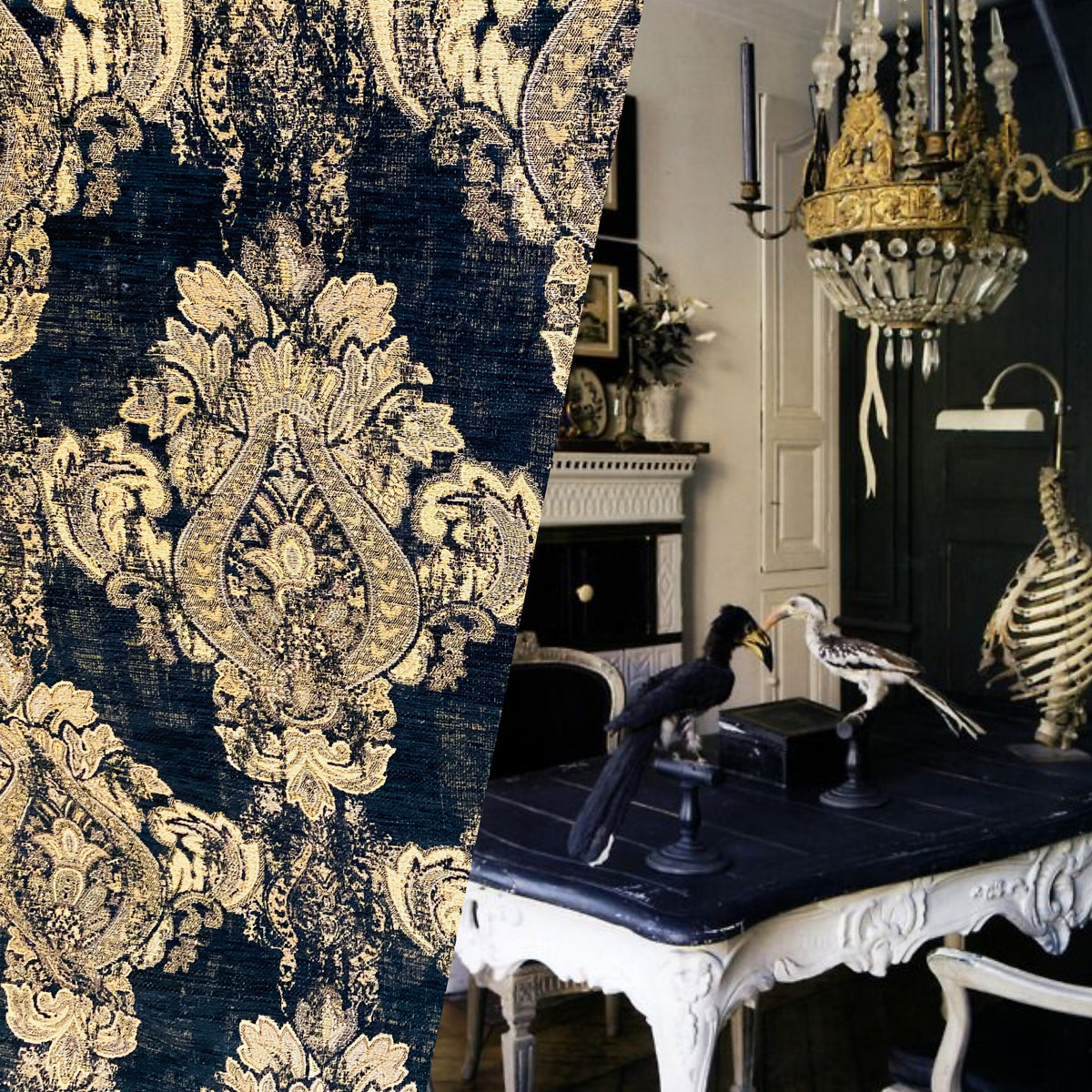 NEW! Duke Dragonus Designer Kilim Rug Inspired Medallion Upholstery Chenille Fabric- Black and Gold - Fancy Styles Fabric Pierre Frey Lee Jofa Brunschwig & Fils