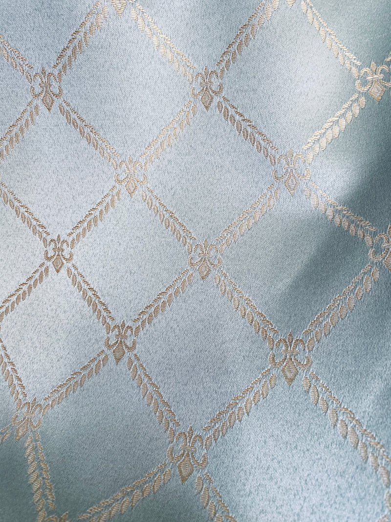 NEW! SALE! Princess Popper Satin Medallion Decorating & Upholstery Fabric -  Blue and Beige Gold
