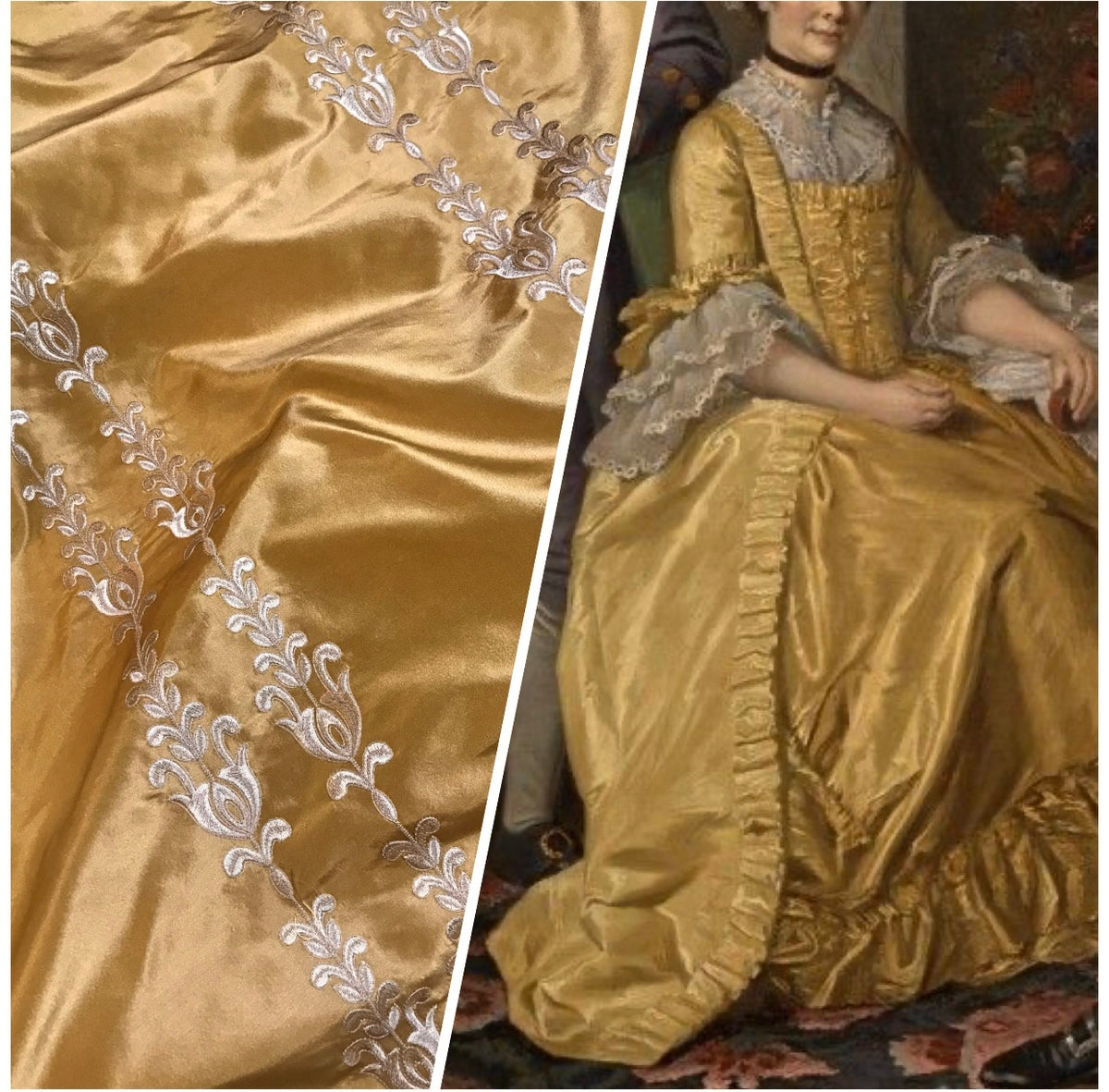 Queen Marguerite Designer 100% Silk Taffeta Dupioni Gold Fabric - Gold Embroidered SB_3_23 - Fancy Styles Fabric Pierre Frey Lee Jofa Brunschwig & Fils