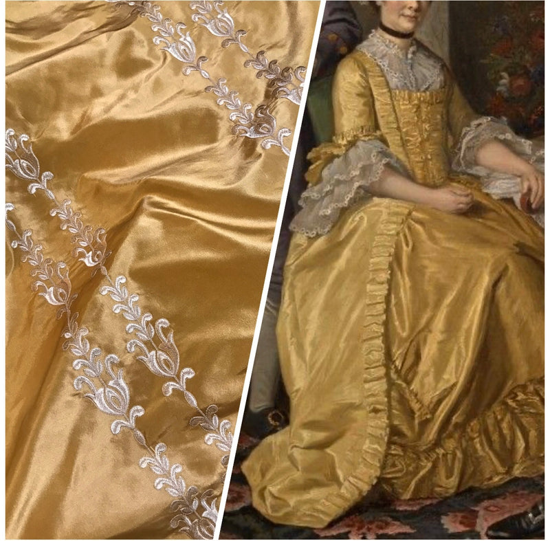 Queen Marguerite Designer 100% Silk Taffeta Dupioni Gold Fabric - Gold Embroidered SB_3_23