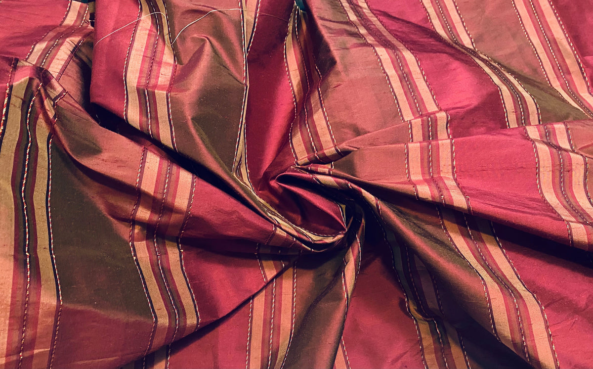NEW Queen River Novelty 100% Silk Dupioni Embroidered Stripe Fabric - Red Burgundy - Fancy Styles Fabric Pierre Frey Lee Jofa Brunschwig & Fils