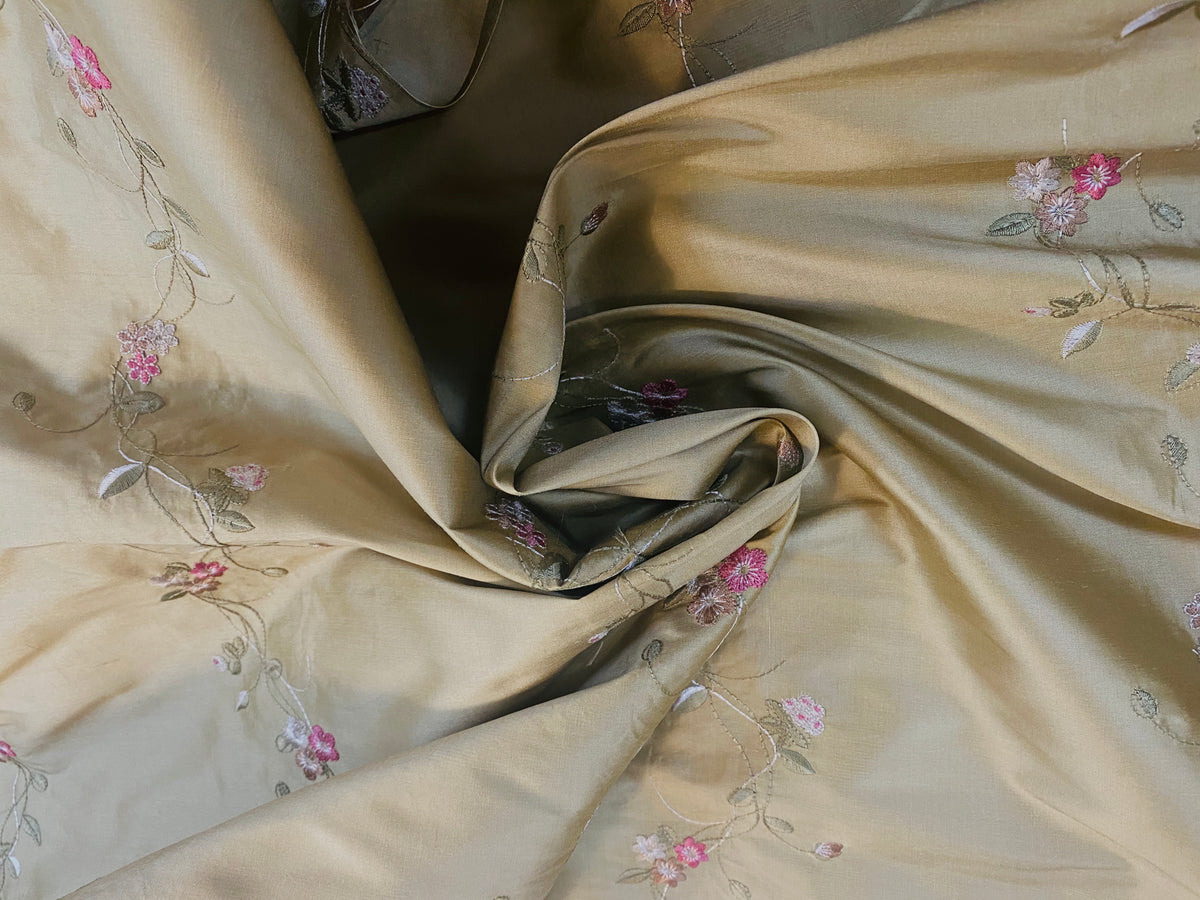 NEW! Duchess Rowena 100% Silk Dupioni Embroidery Floral Fabric- Light Gold SB_3_8 - Fancy Styles Fabric Pierre Frey Lee Jofa Brunschwig & Fils