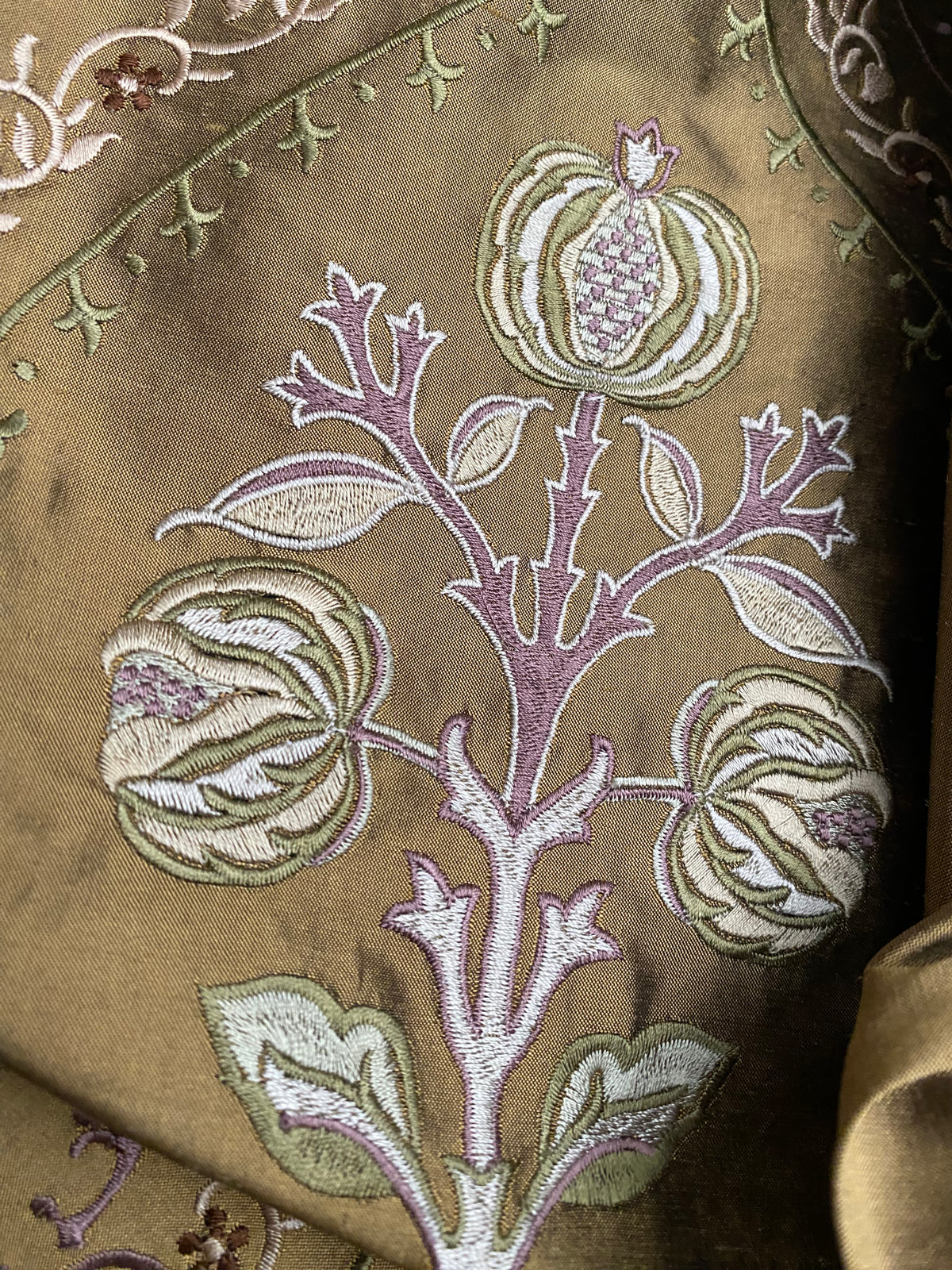 NEW! Queen Riviera Novelty 100% Silk Dupioni Embroidered Floral Fabric - Old Gold with Lavender Embroidery - Fancy Styles Fabric Pierre Frey Lee Jofa Brunschwig & Fils
