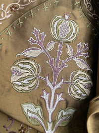 NEW! Queen Riviera Novelty 100% Silk Dupioni Embroidered Floral Fabric - Old Gold with Lavender Embroidery - Fancy Styles Fabric Pierre Frey Lee Jofa Brunschwig & Fils