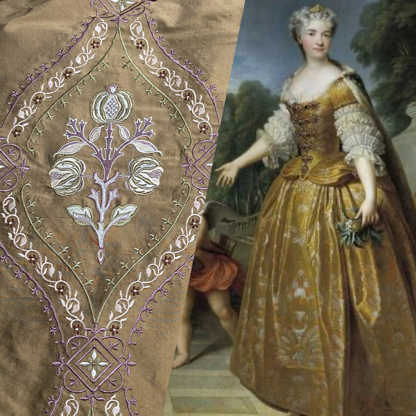 NEW! Queen Riviera Novelty 100% Silk Dupioni Embroidered Floral Fabric - Old Gold with Lavender Embroidery - Fancy Styles Fabric Pierre Frey Lee Jofa Brunschwig & Fils