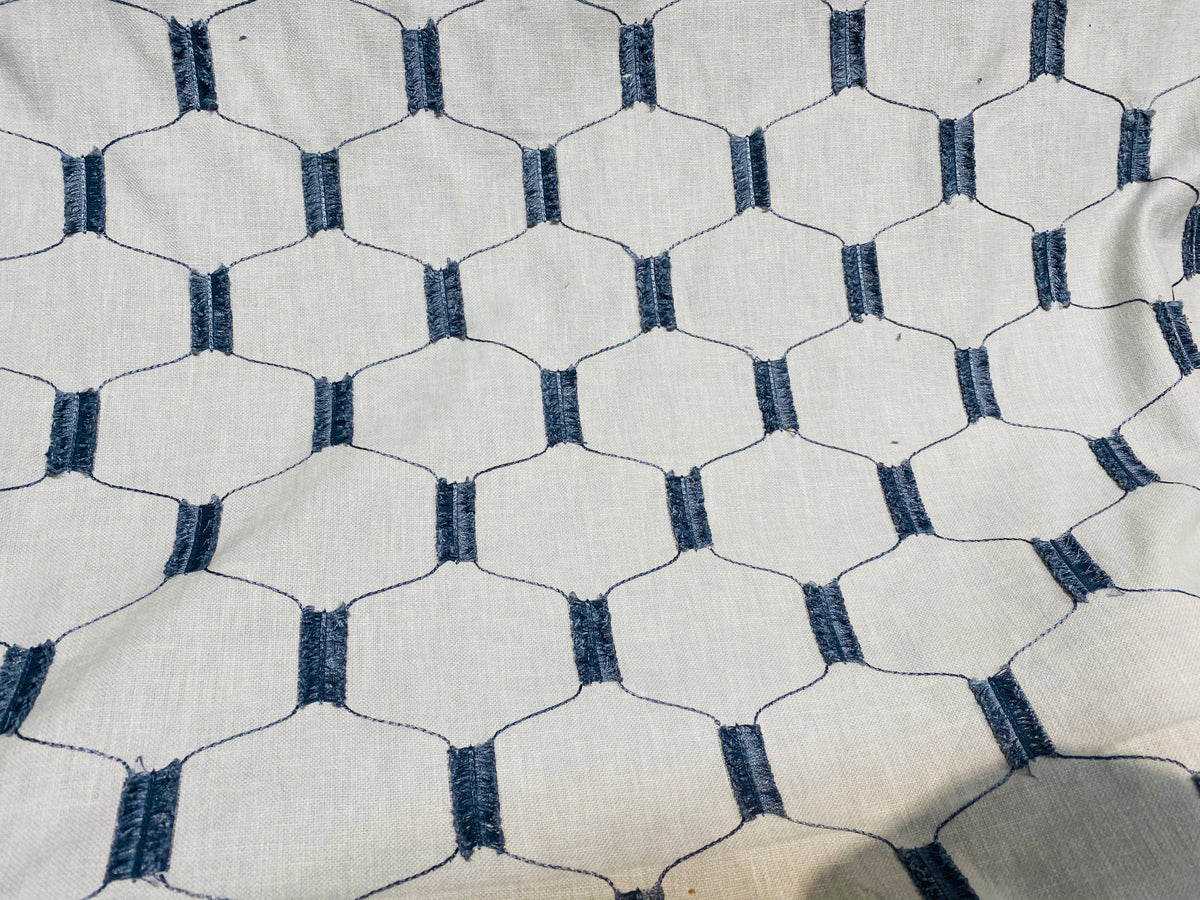 NEW! SALE! Prince Juniper Novelty 100% Linen Fabric Geometric Tassle Embroidery- Natural and Blue - Fancy Styles Fabric Pierre Frey Lee Jofa Brunschwig & Fils