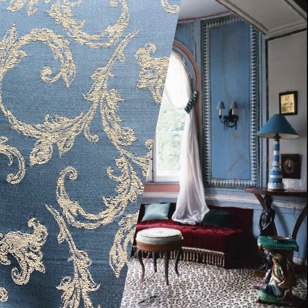 NEW! Princess Panther Brocade Leaf Swirly Motif Satin Fabric- Blue - Fancy Styles Fabric Pierre Frey Lee Jofa Brunschwig & Fils