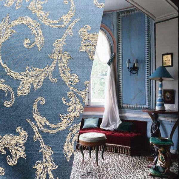 NEW! Princess Panther Brocade Leaf Swirly Motif Satin Fabric- Blue - Fancy Styles Fabric Pierre Frey Lee Jofa Brunschwig & Fils