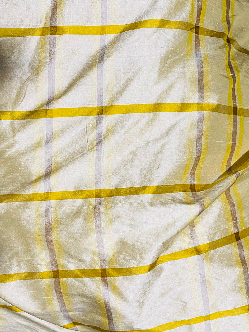 NEW Prince Peters 100% Silk Dupioni Plaid Tartan Fabric- Cream, Yellow, Faded Blue